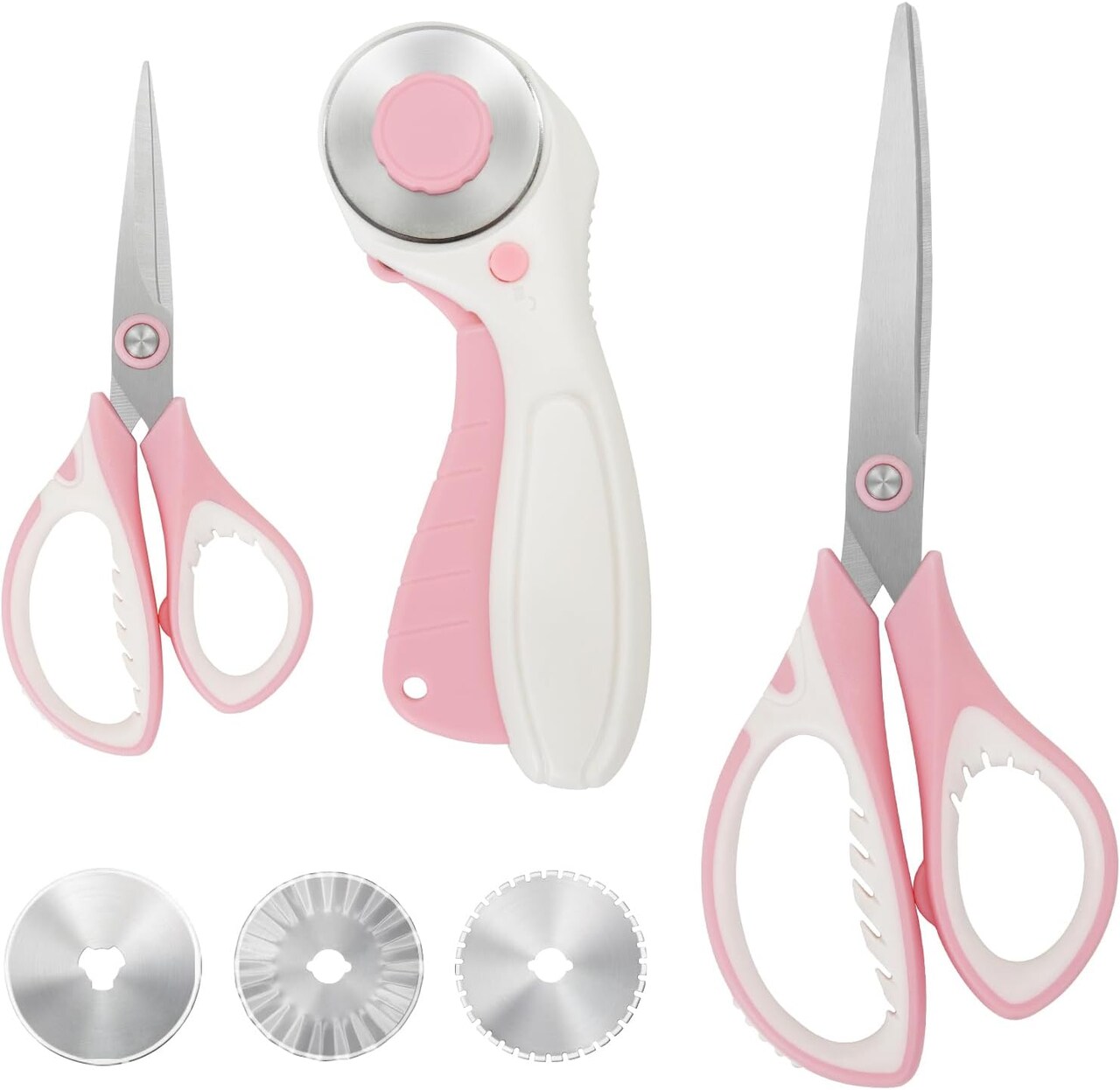 Pink Professional Sewing Scissors Set: Big Scissors, Small Scissors, Rotary Cutter with 3pcs Extra Blades for Cutting Fabric